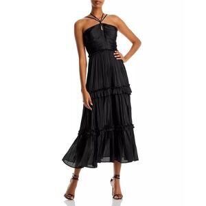 AQUA Strappy Ruched Midi Dress Black Size Medium Elegant Evening Cocktail Party